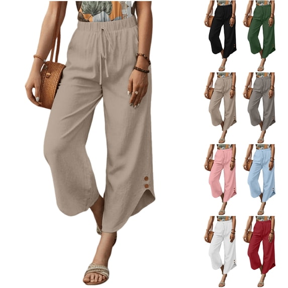 Bloomae Women Cotton Linen Capris Pants Drawstring Elastic Waist Wide Leg Solid Pants Loose Irregulae Hem Casual Beach Vacation Lounge Trousers with Pockets Black M