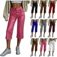 thumbnail image 1 of Bloomae Women Faux Leather Capri Pants Going Out Casual Button Elastic High Waist Cropped Pants Y2K Trendy Straight Leg Capris with Pockets, 1 of 10