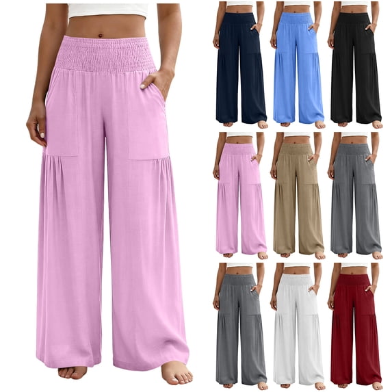 Bloomae Women Flowy Palazzo Pants Summer Boho Bagyy Wide Leg Elastic High Smocked Waist Casual Loose Comfy Lounge Trousers with Pockets Dark Blue S