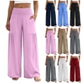 thumbnail image 1 of Bloomae Women Flowy Palazzo Pants Summer Boho Bagyy Wide Leg Elastic High Smocked Waist Casual Loose Comfy Lounge Trousers with Pockets Pink XL, 1 of 7