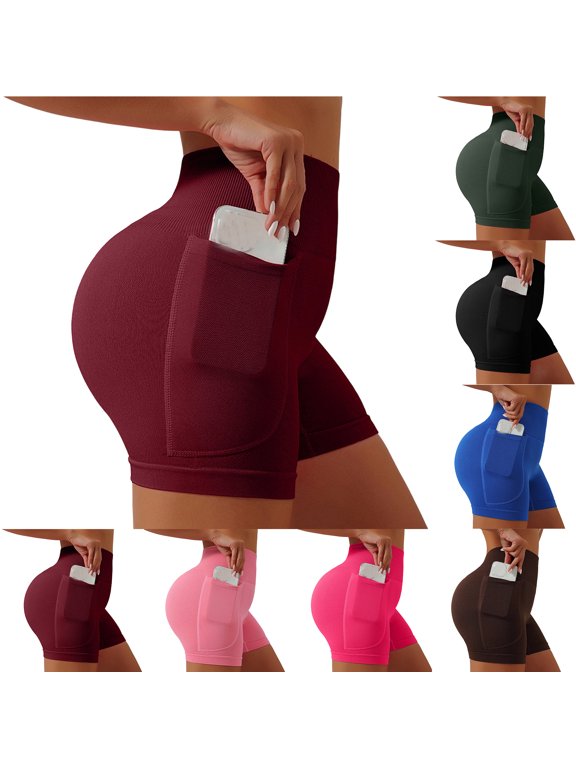 Women Gym Workout Seamless Shorts with Pockets Scrunch Texture Knit Butt Lifting Tummy Control Slim Fit Yoga Shorts for Women Wine S