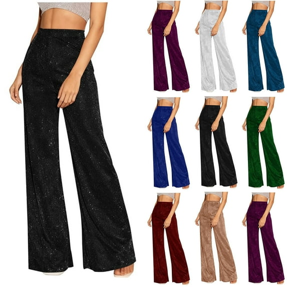 Bloomae Women High Elastic Waist Wide Leg Palazzo Pants Bling Glitter Casual Drawstring Loose Long Sparkle Pant Trousers Wine S