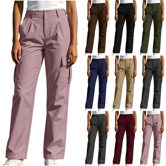 Bloomae Women High Waisted Cargo Pants Stretchy Casual Button Elastic Waist Wide Straight Leg Pants Lightweight Outdoor Hiking Work Trousers with Multi-Pockets