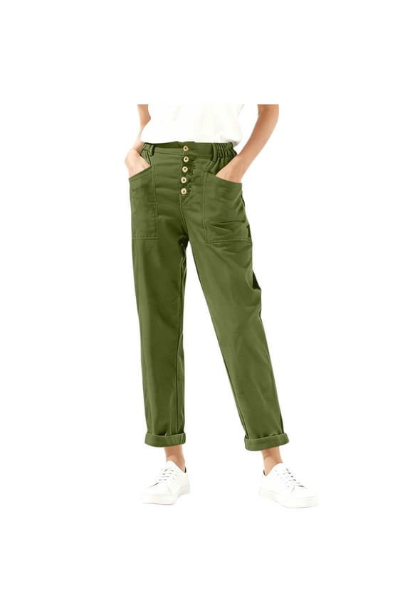 Women High Waisted Casual Pants Ruched Button Stretch Elastic Waist Straight Leg Cropped Dress Pants with Pockets for Work Office Wear Army Green S