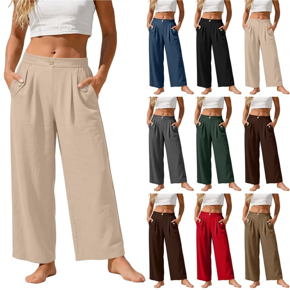 Bloomae Women High Waisted Wide-Leg Pants Cotton Linen Bussiness Casual Work Trousers Loose Fit Regular Fit Buttons Pleated Front Slacks with Pockets Brown L