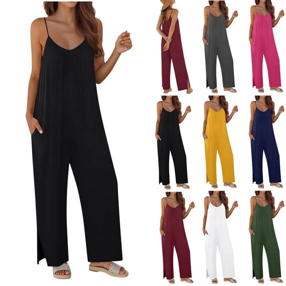 Bloomae Women Jumpsuits Lightweight Loose Fit Casual Sleeveless Adjustable Spaghetti Strap Boho Wide Leg Rompers Summer Outfits Beach Vacation Clothes with Pockets Yellow S