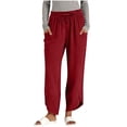 thumbnail image 1 of Bloomae Women Linen Palazzo Pants Lightweight Boho Wide Leg Elastic Waisted Casual Side Slit Capri Pant Loose Comfy Harem Lounge Trousers with Pockets Wine M, 1 of 6