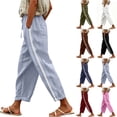 thumbnail image 1 of Bloomae Women Linen Pants Lightweight Casual Summer Side Striped Lace Eyelet Decor Lounge Pants Summer Drawstring Elastic Waist Beach Vacation Comfy Trousers with Pockets, 1 of 8
