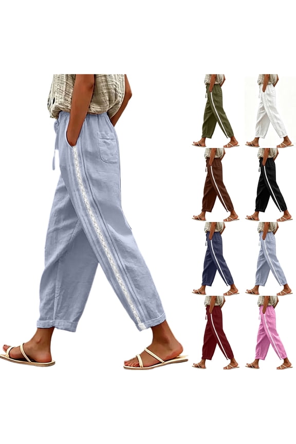 Women Linen Pants Lightweight Casual Summer Side Striped Lace Eyelet Decor Lounge Pants Summer Drawstring Elastic Waist Beach Vacation Comfy Trousers with Pockets
