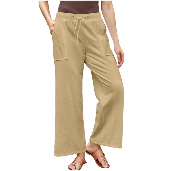 Bloomae Women Linen Pants Lightweight Wide Leg Casual Palazzo Pants Soft Cotton Comfy Lounge Pants Beach Summer Trousers with Pockets Khaki M