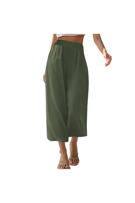 Women Linen Pants Summer Wide Leg Capri Pants Elastic High Waist Loose Cropped Lounge Trousers Culottes with Pockets Green S