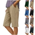 thumbnail image 1 of Bloomae Women Linen Shorts Lightweight Casual Drawstrign Elastic Waist Knee Length Bermuda Shorts Fashion Lace Hollow Side Summer Beach Lightweight Capri Pants with Pockets Navy L, 1 of 10