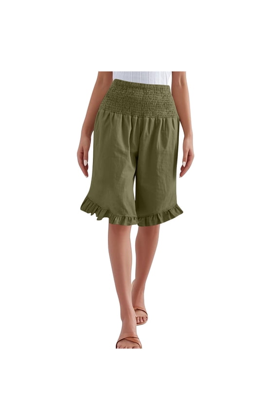 Women Linen Shorts Summer Loose Wide Leg Short Pants Elastic Smocked Waist Ruffle Trim Palazzo Pants Lightweight Boho Flowy Beach Shorts Army Green S