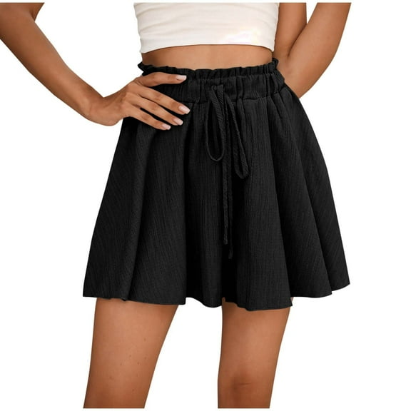 Bloomae Women Sport Shorts Lightweight High Waist Skirt Shorts Loose Flowy Casual Elastic Waist Ruffle Half Pants with Drawstring Fashion Trendy Clothes Black XXL