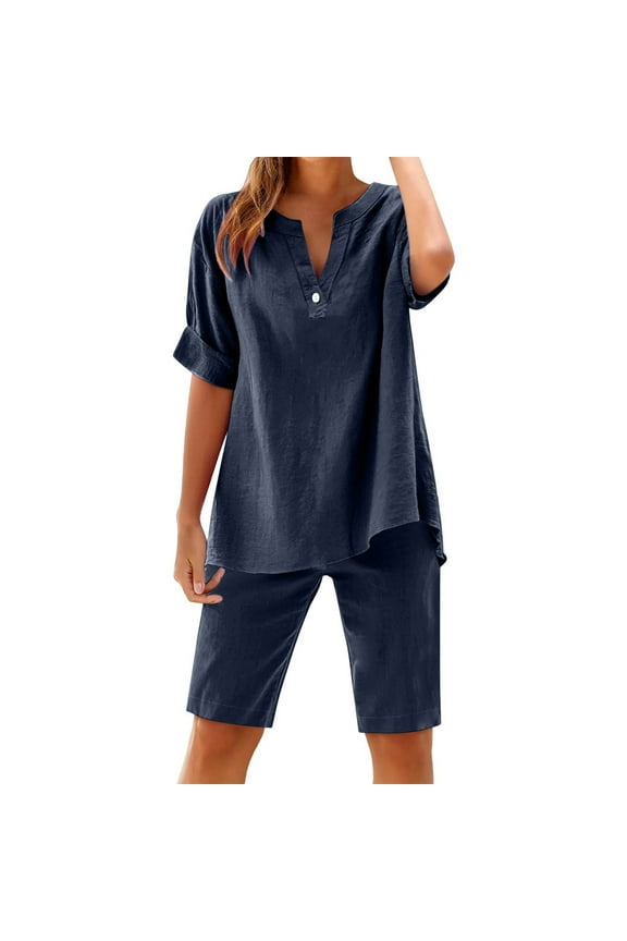 Women Summer Cotton Linen Short Sets 2 Piece Lounge Shorts Casual Button V Neck Tops Loose Beach Vacation Two Piece Outfits Tracksuits Navy XL
