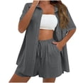 thumbnail image 1 of Bloomae Women Summer Cotton Linen Short Sets Lightweight Casual Short Sleeve Button Down Tops and Drawstring Short Pants Beach Vacation Two Pieces Lounge Outfits Tracksuits Dark Gray S, 1 of 7
