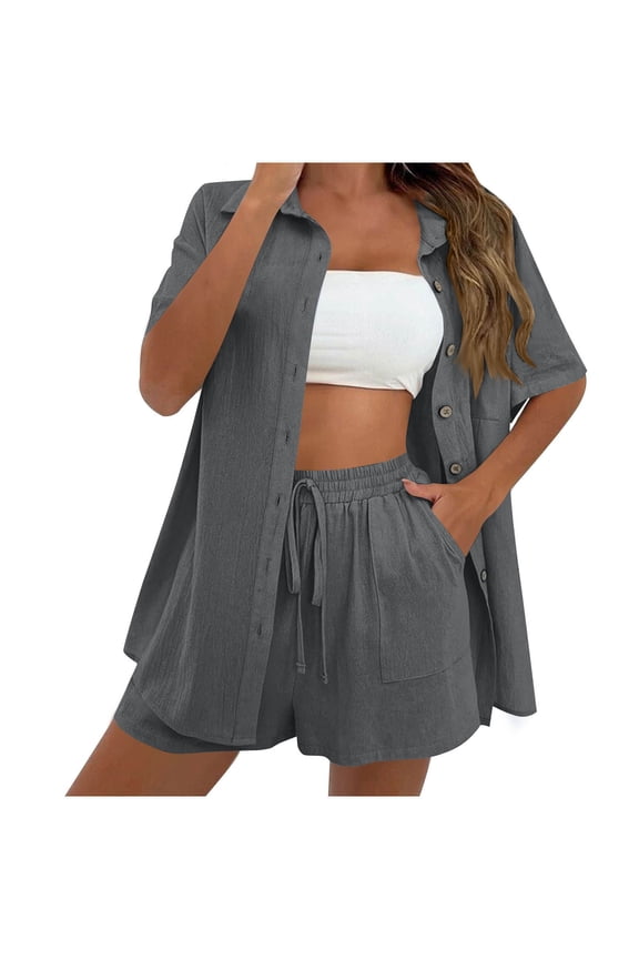 Women Summer Cotton Linen Short Sets Lightweight Casual Short Sleeve Button Down Tops and Drawstring Short Pants Beach Vacation Two Pieces Lounge Outfits Tracksuits Dark Gray XXL