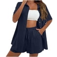 thumbnail image 1 of Bloomae Women Summer Cotton Linen Short Sets Lightweight Casual Short Sleeve Button Down Tops and Drawstring Short Pants Beach Vacation Two Pieces Lounge Outfits Tracksuits Navy L, 1 of 7