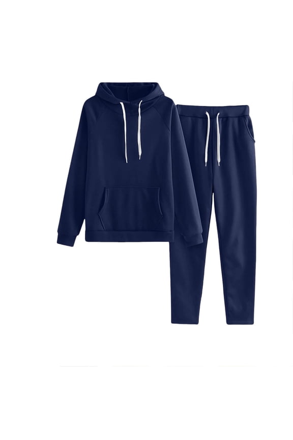 Women Two Piece Sweatsuit Casual Drawstring Long Sleeve Hooded Pullover Sweatshirts and Elastic Waist Jogger Sweatpants Trendy Fall Outfit Lounge Set Athletic Tracksuit Navy L