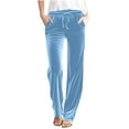 thumbnail image 1 of Bloomae Women Velour Pants Soft Velvet Sweatpants Drawstring High Waist Straight Leg Athletic Joggers Casual Lounge Pajama Pants with Pockets Light Blue L, 1 of 6