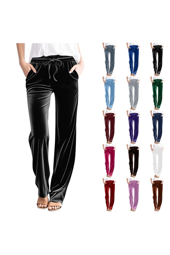 Women Velour Pants Soft Velvet Sweatpants Drawstring High Waist Straight Leg Athletic Joggers Casual Lounge Pajama Pants with Pockets Navy L
