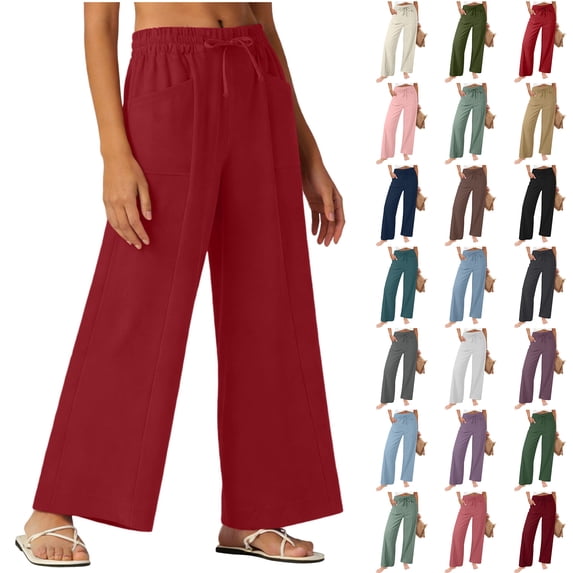 Bloomae Women Wide Leg Flowy Drawstring Palazzo Linen Pants Beach Lightweight Casual Elastic High Waisted Loose Comfy Trousers with Pockets