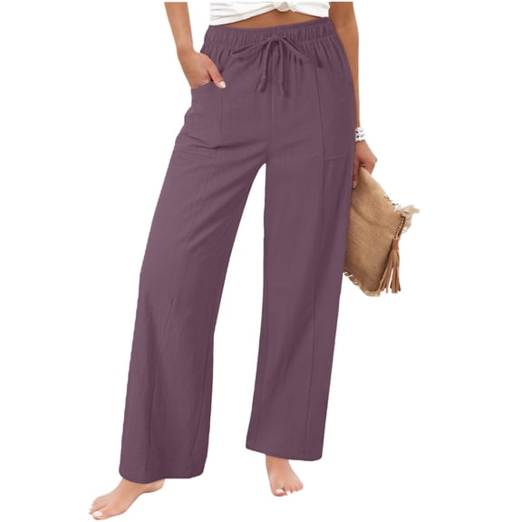 Bloomae Women Wide Leg Flowy Drawstring Palazzo Linen Pants Beach Lightweight Casual Elastic High Waisted Loose Comfy Trousers with Pockets Purple M