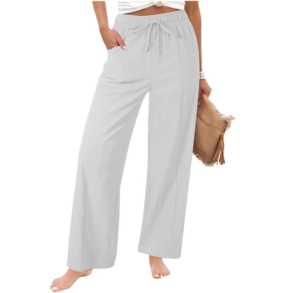 Bloomae Women Wide Leg Flowy Drawstring Palazzo Linen Pants Beach Lightweight Casual Elastic High Waisted Loose Comfy Trousers with Pockets White L
