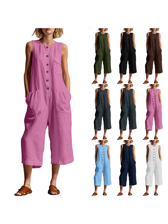 Women Wide Leg One Piece Linen Jumpsuit Sleeveless Loose Wide Leg Baggy Dressy Button Down Romper Casual Summer Shorts Overalls Pants Outfits with Pocket