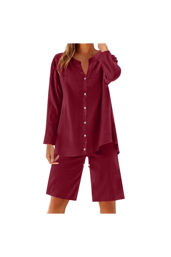Women's 2 Piece Cotton Linen Set Casual Long Sleeve Button Down V Neck Shirt & Drawstring Shorts with Side Pockets Loose Loungewear Outfits Wine XXXL