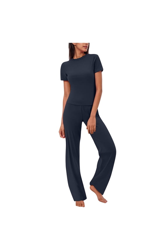 Women's 2 Piece Outfits Lounge Sets Ruched Short Sleeve Crewneck Sport Tops Elastic High Waisted Wide Leg Pants Tracksuit Sets Navy M