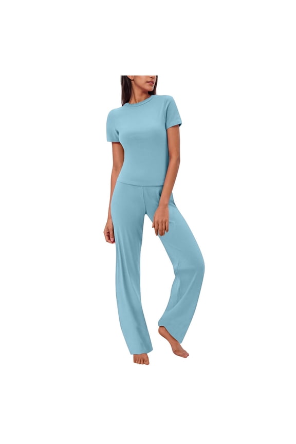 Women's 2 Piece Outfits Lounge Sets Ruched Short Sleeve Crewneck Sport Tops Elastic High Waisted Wide Leg Pants Tracksuit Sets Sky Blue M