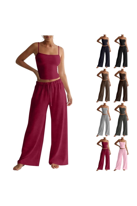 Women's 2 Piece Pajama Lounge Set Summer Matching Lounge Sets Adjustable Spaghetti Strap Tank Top Loose Drawstring Elastic Waist Comfy Wide Leg Pants Sets Gray L