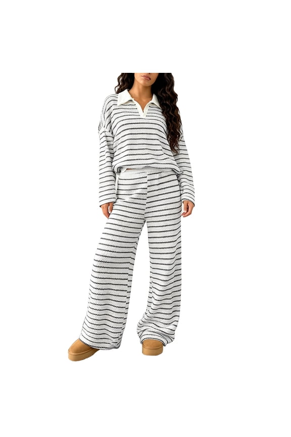 Women's 2 Piece Sets Fall Casual Striped Long Sleeve V Neck Knit Collared Pullover Sweater Tops and Wide Leg Pants Cozy Lounge Matching Set Black M
