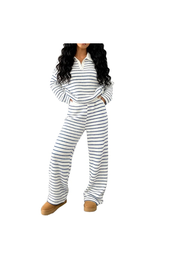 Women's 2 Piece Sets Fall Casual Striped Long Sleeve V Neck Knit Collared Pullover Sweater Tops and Wide Leg Pants Cozy Lounge Matching Set Blue S