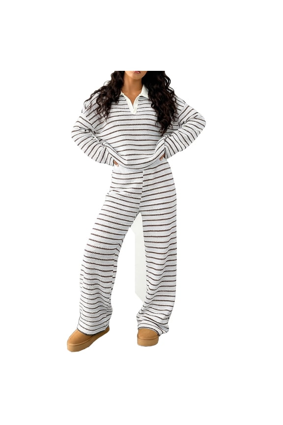 Women's 2 Piece Sets Fall Casual Striped Long Sleeve V Neck Knit Collared Pullover Sweater Tops and Wide Leg Pants Cozy Lounge Matching Set Coffee XXL