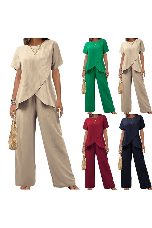 Women's 2026 Two Piece Matching Lounge Sets Casual Summer Short Sleeve Asymmetrical Split Crewneck Tops Loose Wide Leg Pants Trendy Outfits Tracksuit Navy S