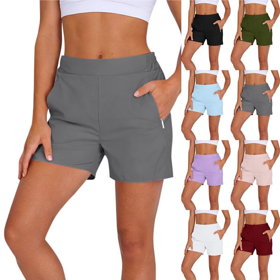 Bloomae Women's Athletic Shorts High Waisted Running Yoga Summer Quick Dry Stretch Work Outdoor Hiking Shorts with Zipper Pockets Light Blue M