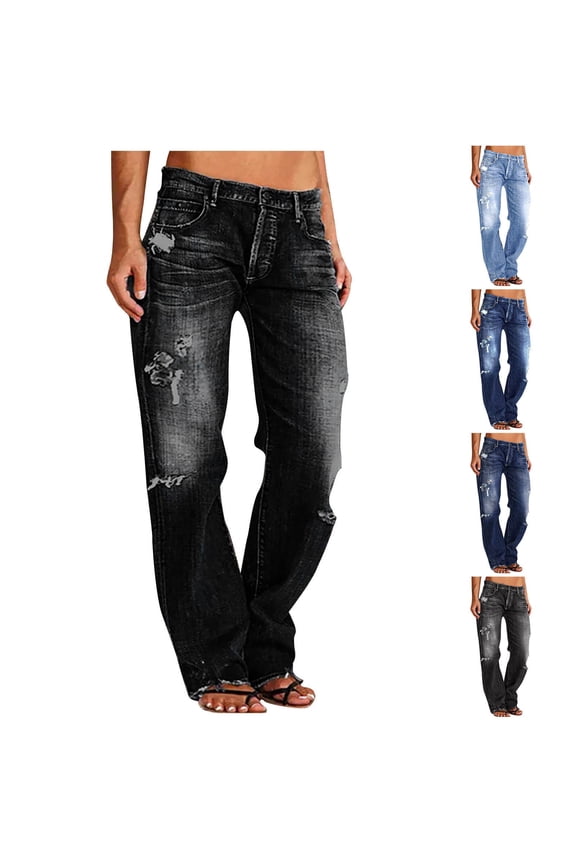 Women's Baggy Straight Leg Stretchy Ripped Jeans Trendy Causal Pull On Loose Boyfriend Distressed Denim Pants with Pockets Black L2