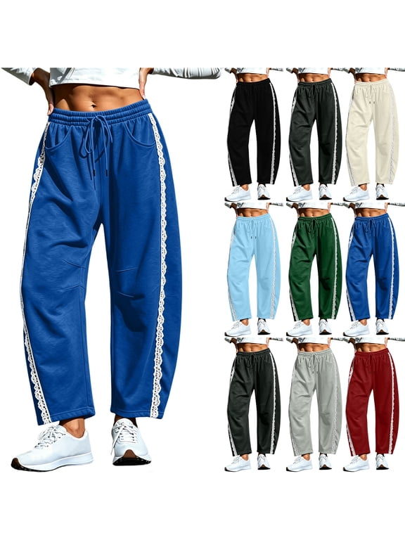 Women's Baggy Wide Leg Barrel Track Pants Trendy Side Lace Stripe Patchwork Lounge Trousers Elastic Waist Drawstring Hiking Sweatpants with Pockets