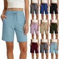 thumbnail image 1 of Bloomae Women's Bermuda Knee Length Athletic Running Long Shorts with Pockets Quick Dry Shorts Drawstring Elastic High Waisted UPF 50+ Side Slit Shorts Green S, 1 of 7
