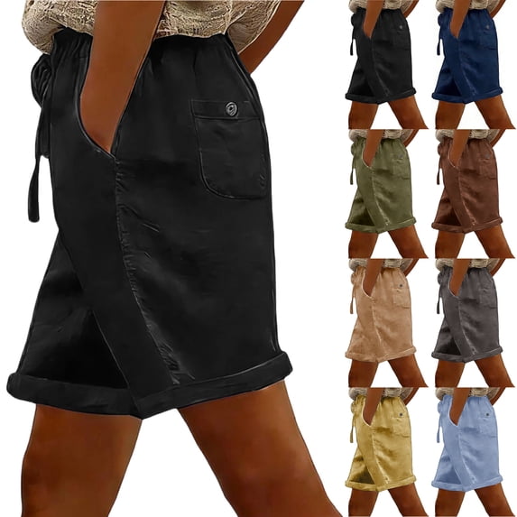 Bloomae Women's Bermuda Linen Shorts Lightweight Summer High Waisted Casual Short Pants Loose Fit Drawstring Elastic Waist Pull On Beach Shorts with Multi-Pocket Coffee XL