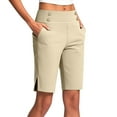 thumbnail image 1 of Bloomae Women's Bermuda Long Shorts with Pockets Button Stretch Side Slit High Waisted Knee Length Shorts for Women Walking Athletic Workout Beige L, 1 of 8
