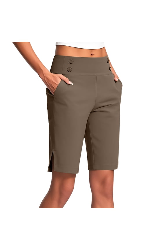 Women's Bermuda Long Shorts with Pockets Button Stretch Side Slit High Waisted Knee Length Shorts for Women Walking Athletic Workout Brown S