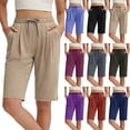 thumbnail image 1 of Bloomae Women's Bermuda Long Shorts with Pockets Casual Ruched Pleated High Waisted Stretch Knee Length Athletic Yoga Sweat Shorts Purple L, 1 of 8