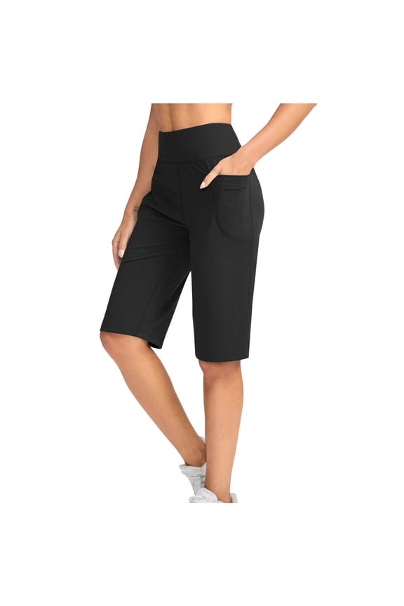 Women's Bermuda Shorts Lightweight Knee Length with Pockets High Waisted Athletic Long Shorts for Women Stretch Casual Walking Black L