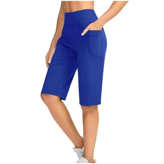 Bloomae Women's Bermuda Shorts Lightweight Knee Length with Pockets High Waisted Athletic Long Shorts for Women Stretch Casual Walking Blue XXL