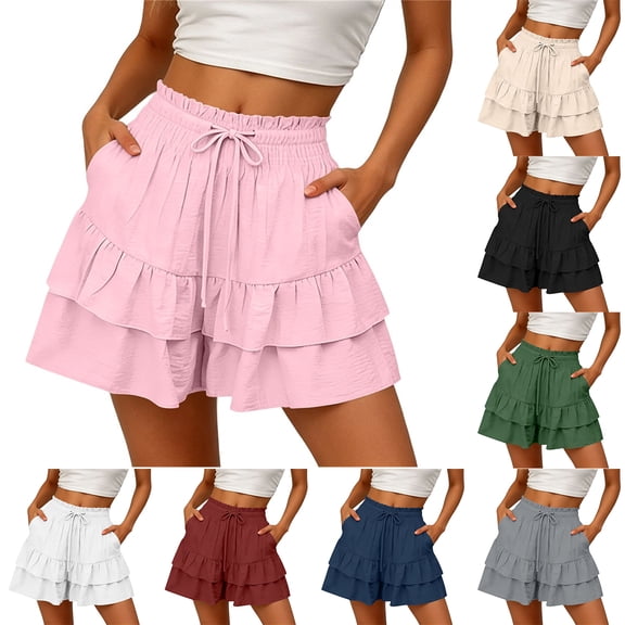 Bloomae Women's Boho Mini Skorts Flowy Butterfly Short Drawstring Elastic High Waist Ruffle Tiered Skirts Summer Lounge Shorts with Pockets