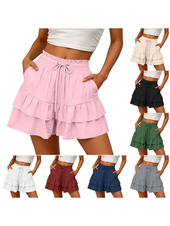 Women's Boho Mini Skorts Flowy Butterfly Short Drawstring Elastic High Waist Ruffle Tiered Skirts Summer Lounge Shorts with Pockets