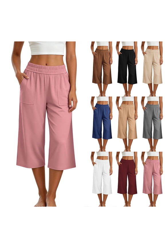 Women's Capri Pants Lightweight Loose Fit Casual Palazzo Capris Elastic High Waisted Wide Straight Leg Comfy Lounge Cropped Trousers with Pockets